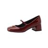 Zapatos pequeños de cuero rojo vino, zapatos Mary Jane de piel de oveja Camellia, zapatos de mujer con punta cuadrada, nuevos zapatos de tacón medio y grueso, fondo suave, boca baja, de una sola capa