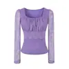 Camiseta de Renda Manga Longa Gola Quadrada Slim Fit Estilo Puro Desejo Valorizando a Atmosfera para Mulheres Outono Estilo Coreano Elegante Levemente Transparente Chic Top Base