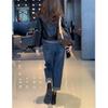 22821 Da Ai Mei Yi Yuan 2026 Estilo Coreano Nueva Chaqueta de Cuero con Cremallera Jeans de Cintura Alta Pierna Recta Moda para Mujer