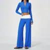 Conjunto de dos piezas para yoga, ajustado, con cremallera y cuello alto, con pantalones acampanados de cintura alta en color contrastante, ropa deportiva casual de secado rápido para fitness 9666