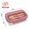 Caja de almuerzo rectangular compartimentada de paja de trigo al por mayor, caja de almuerzo sellada con tenedor y cuchara de clip, caja de almuerzo apta para microondas con cubiertos