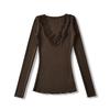 Ap25590-25 Nuevo Estilo Otoño Americano Puro Lust Sexy Sexy Cuello en V Encaje Manga Larga Ajustado Camiseta