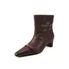 Botines Anchos de Piel de Vaca de Primera Capa para Mujer, Estilo Nuevo Piel Genuina Cuero Envejecido Punta Cuadrada Lazo Tacón Grueso Medio Botines Cortos para Mujer
