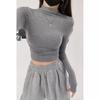 Pura sexy ajustado adelgazante diseño plisado cuello alto pequeño corto ombligo camiseta interior manga larga camiseta top verano