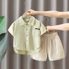 Traje de Algodón y Lino para Niño 7155 Verano Nuevo Estilo Camisa de Manga Corta para Niños Conjunto de Dos Piezas Transpirable para Bebé Moderno