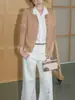 Camisa suéter falsa de duas peças, cardigã de lã merino com gola, manga longa, cor cáqui de linho para outono