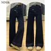 Jeans Tannin Weila Azul Oscuro para Mujer Primavera y Otoño 2025 Nuevos Pantalones de Pierna Ancha con Tiro Alto de Herradura