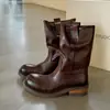 Botas de cuero de estilo británico con tacón grueso hasta la mitad de la pantorrilla con aumento de altura de 5 cm ~ botas de equitación texturizadas de punta redonda desgastadas hasta la mitad de la pantorrilla para mujer