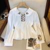 Item Popular de Alta Qualidade das Treze Linhas de Guangzhou ~ Camisa Exquisita com Bordado e Gola Reversível para Mulheres, Top de Outono com Manga Bufante e Laço