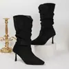 Botas Apiladas de Otoño Invierno 2026 para Mujer Punta Fina Tacón de Aguja Bota de Media Caña Suede Botas Estrechas Plisadas Botines de Tacón Alto Estilo Europeo