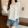 2025 Nova Linda Camisa Pequena com Cintura e Design Western Nicho Irregular Manga Longa Camiseta Tops Femininos Roupas de Primavera