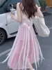 Traje Pequeño de Uso Diario Rosa para Mujer Vestido de Tirantes Suave Verano Nuevo Playa Blusa Falsa con Borlas
