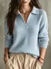2026 popular outono europeu e americano cor sólida canelado gola virada tricô Polo suéter gola V manga longa estilo casual top feminino