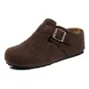 Sapatos Peludos Estilo Birkenstock Femininos com Solado Grosso para Outono e Inverno, Altura 7cm, com Adição de Lã para Aquecimento, Pantufas de Algodão com Bico Fechado, Sapatos de Algodão de Inverno