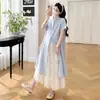 Vestido de Maternidad Rayado Bordado Elegante y Suave Estilo Verano 2026 + Falda de Encaje Conjunto de Dos Piezas para Maternidad