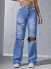 Zt36 Transfronteiriço Amazon 2026 Cor Sólida Lavada Estilo Europeu e Americano Jeans de Perna Larga para Mulheres Jeans Clássico Lavado à Areia Rasgado