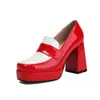 Sapatos de Salto Alto Femininos Primavera e Outono Novo Couro Envernizado Bico Quadrado Combinação de Cores Salto Bloco Salto Super Alto Calce Fácil Mary Jane Sapatos de Salto Alto Femininos