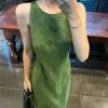 Vestido largo de tirantes retro verde estilo vacacional para mujer, verano, entallado a la cintura, adelgazante, único, de nicho
