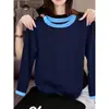 Camiseta de manga larga para mujer con cuello de algodón puro y colores contrastantes, estilo coreano, top moderno y versátil, camiseta básica, nuevo modelo otoño 2026