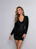 Vestido Brillante de Lentejuelas Transfronterizo Europeo y Americano con Ligero Estiramiento, Ajustado, que Resalta las Caderas, de Manga Larga y Cuello en V para Mujer, Verano 2026