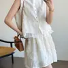 Em estoque Conjunto sem mangas Jacquard Francês Relevado WANGE Estilo Suave Colete + Saia Plissada Emagrecedora