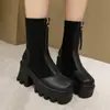 34-43 Botas Femininas de Couro Outono-Inverno Europeias e Americanas de Cano Curto, Bico Redondo, Sola Grossa, Antiderrapante, Plataforma Impermeável, Zíper, Salto Alto, Salto Quadrado Botas Femininas