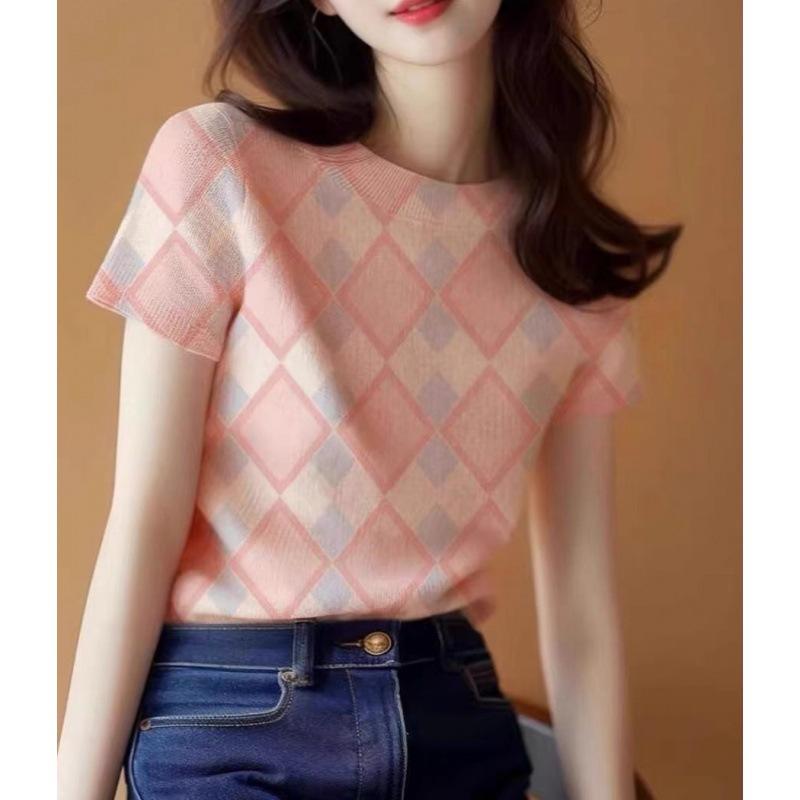 欧洲站高档新款设计感小众时尚气质夏装正肩针织冰丝短袖T恤女潮