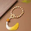 Pulseira de Sementes de Bodhi e Cabacinha Amarela Degradê Estilo Chinês com Pingente de Incensário Círculo Único Portátil Pulseira de Contas de Oração Budista para Mulheres