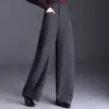 Calça de Lã Elegante e Fashion Wide-Leg Feminina 2026 Outono/Inverno Nova Cintura Alta Caimento Longo Calça Casual de Temperamento para o Trabalho