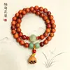 Pulseira de madeira de pêssego antiga natural com contas da sorte de jade Hetian, contas budistas de laço duplo, artesanato em madeira, caixa de presente para o Festival Qixi para namorada