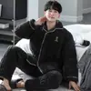 Pijama de Invierno para Hombres Jóvenes y de Mediana Edad Forrado de Felpa Caliente de Invierno Chaqueta Gruesa de Tres Capas Acolchada de Algodón Traje de Casa de Felpa de Coral