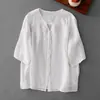 Camisa Bordada Pesada de 4 Cores com Decote em V e Manga Curta para Mulheres, Camisa Leve de Manga Três Quartos com Efeito Emagrecedor Soltinho, Top Versátil de Linho para Mulheres