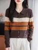 Tricô Color Block de Lã Fina para Outono Inicial Feminino Contraste de Cores Café Laranja Gola Lapela Manga Longa Suéter Pulôver Elegante para o Trabalho