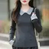 Suéter de Tricô Falso Duas Peças com Gola Polo Transfronteiriço para Mulheres, Suéter Curto Slim Fit para Outono e Inverno, Elegante Top de Tricô de Manga Longa
