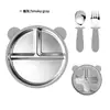 Prato Infantil de Silicone Dividido Urso Aço Inoxidável 304 Removível com Ventosa Talheres de Bebê Conjunto de Silicone