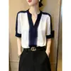 Blusa Feminina Cor de Bloco com Gola Levemente Madura Estilo Francês, Manga Curta, Lançamento Verão 2026, Versátil, Elegante, Corte Solto para o Trabalho