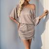 2024 Verano Nuevo Casual Hombro Descubierto Cuello Delgado Vestido Amazon Venta Caliente Cordón Falda de Cadera Falda Corta Mujer