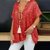 Verano Europeo y Americano Amazon Manga Corta Casual Moda 2024 Nuevo Cuello en V Jersey Lentejuelas Top Camiseta Suelta para Mujer