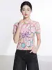 Top plisado de alta calidad Miyake para mujer, estilo fino de verano, cuello alto pequeño, popular en Japón y Corea, camiseta de manga corta con estampado de dibujos animados para mujer