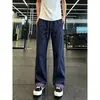 Calça casual versátil estilo americano com corte inclinado para homens, nova tendência de verão vintage de rua com blocos de cor, perna reta solta e boca de sino