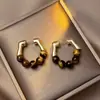 Novos Brincos Geométricos de Pedra Olho de Tigre Retrô, Brincos de Luxo Leve de Nicho High-End, Temperamento Exquisito, Brincos Versáteis para o Dia a Dia
