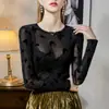 [Hecho a medida] Blusa transparente con estampado de mariposas negras para primavera/otoño para mujer, cuello redondo, corte ajustado, encaje ligeramente transparente