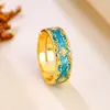 Anillo Abierto Estilo Dunhuang Azul Lago Esmalte Patrón Hierba Tang para Hombres y Mujeres, Estilo Nacional de Nicho Accesorios Artísticos Retro Suministro al Por Mayor