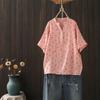 Verano Nuevo Artístico Retro Floral Pequeño Cuello en V Estampado Camiseta de Manga Corta para Mujer Holgada Casual Combinable Top
