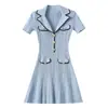 Sp2026 Nuevo Traje de Primavera/Verano para Mujer Cuello de Solapa Manga Corta Cintura Estrecha Adelgazante Elegante Vestido Bodycon de Punto
