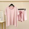 Conjunto de duas peças de seda gelada de verão feminino estilo coreano, fino, sem rastros, roupas de casa modal, pode sair, casual, gola redonda, manga curta