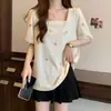 Camiseta de Manga Corta con Diseño de Cuello Cuadrado para Mujer Tallas Grandes Mujer Verano 2025 Nuevas Camisetas Versátiles de Nicho con Aspecto Adelgazante Suelto