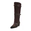 Botas Altas de Cuero Negras de Moda con Hebilla 5.5cm Nuevo Estilo Otoño e Invierno 2026 Punta Fina Tacón Grueso Hasta la Rodilla Tipo Monta