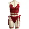 Lencería de Comercio Exterior Europeo y Americano Ropa de Dormir Encaje Hueco Transparente Encanto Sexy Conjunto de Lencería Sexy de Tres Puntos