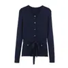 Moda feminina europeia e americana transfronteiriça, popular no AliExpress: cardigã de malha azul marinho, casual, gola redonda, corte justo